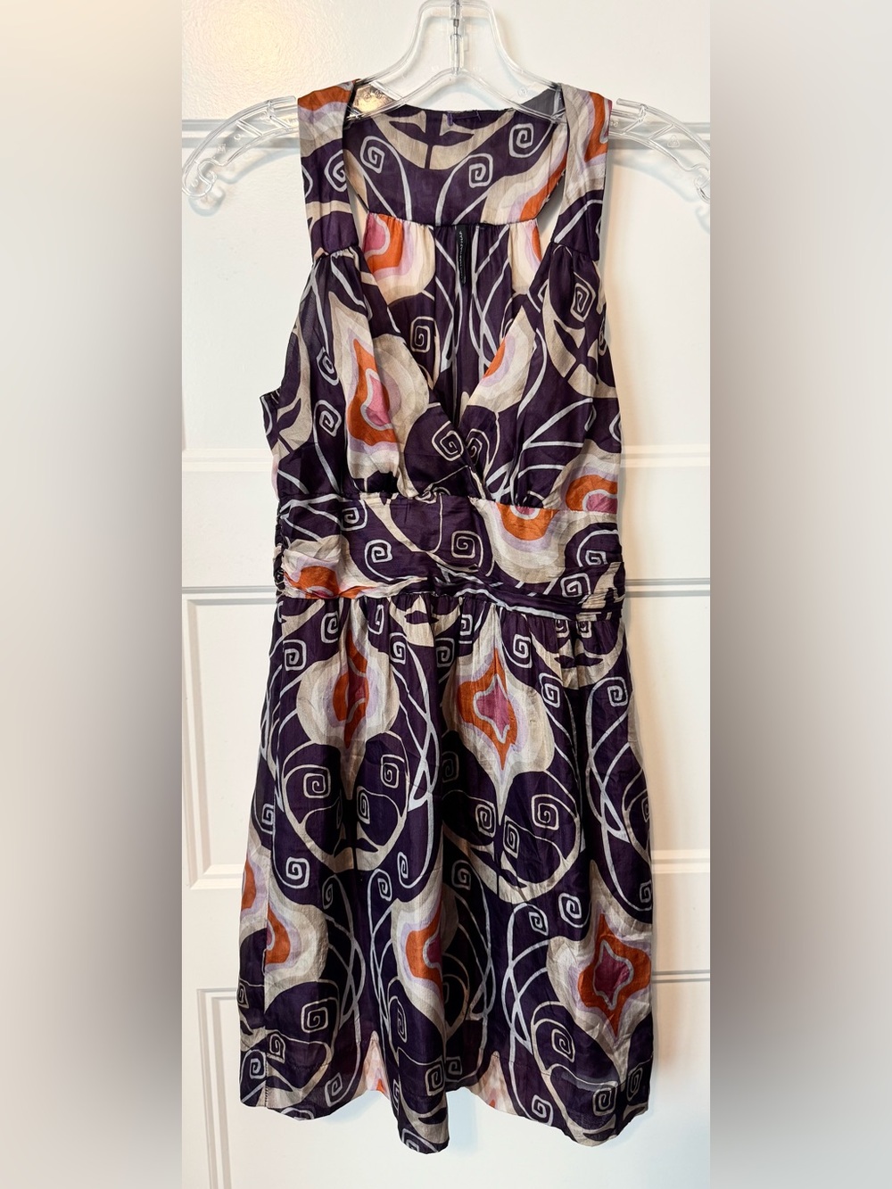 Naf Naf 100% Silk Abstract Print Sleeveless Dress Size 36 Purple Fit and Flare